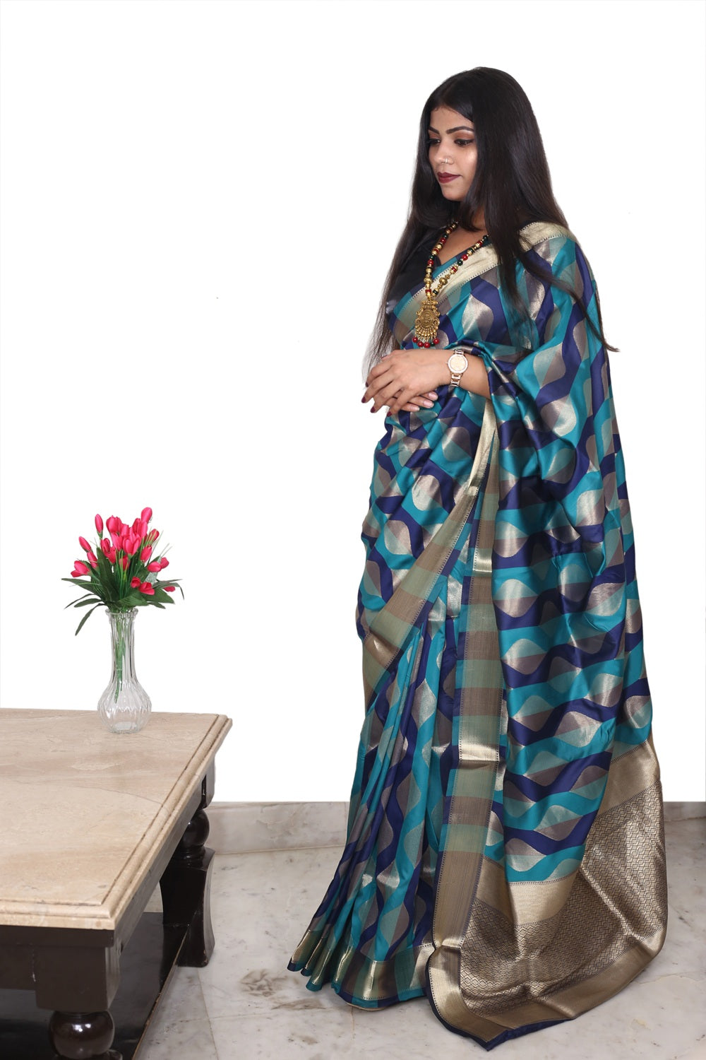 Soft Silk Saree Green Zigzag