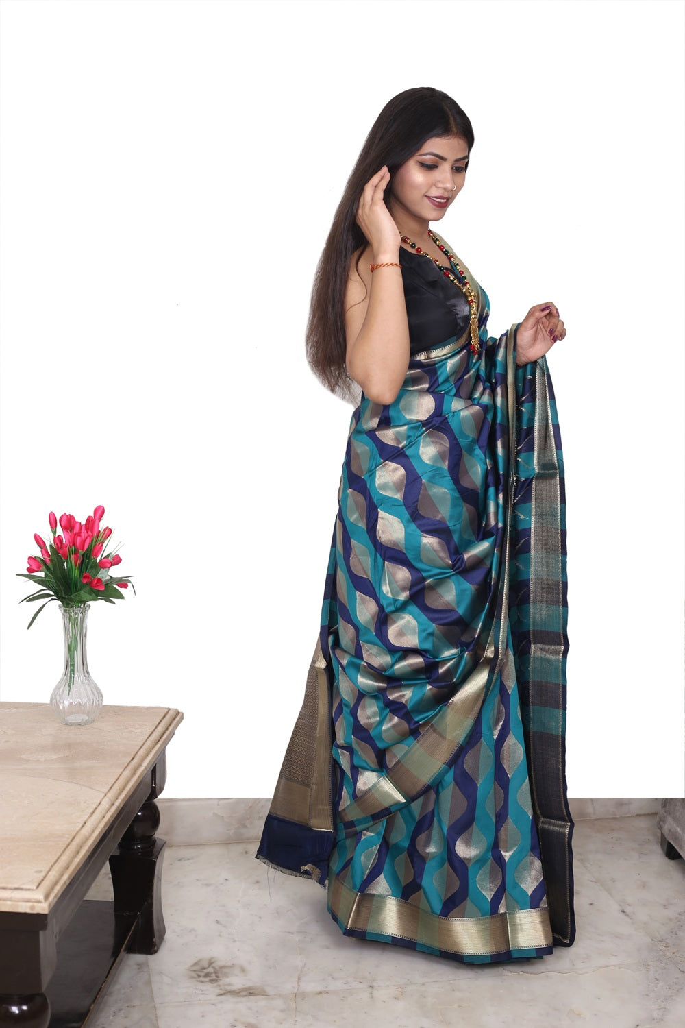 Soft Silk Saree Green Zigzag