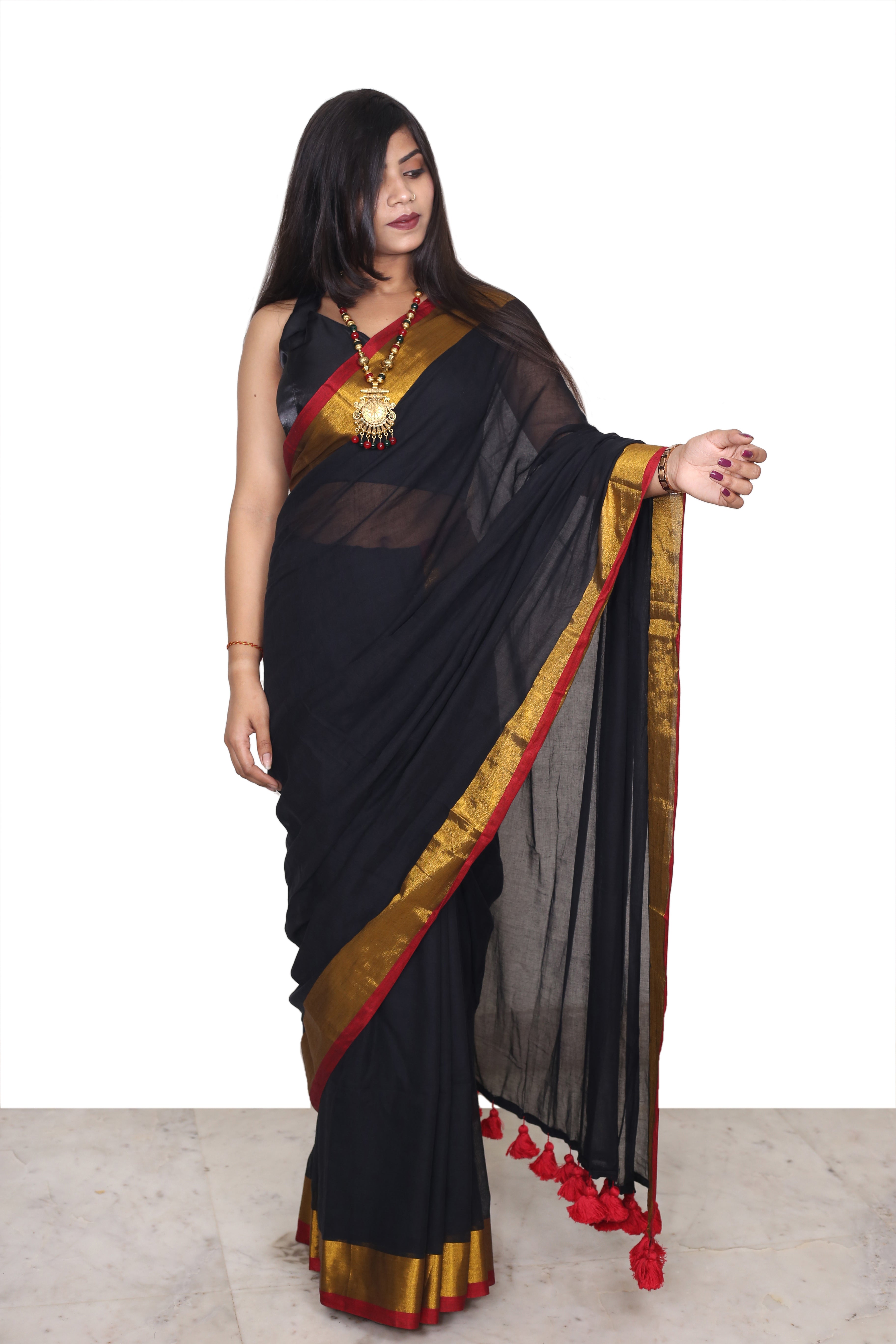 Mulmul Cotton Saree Black