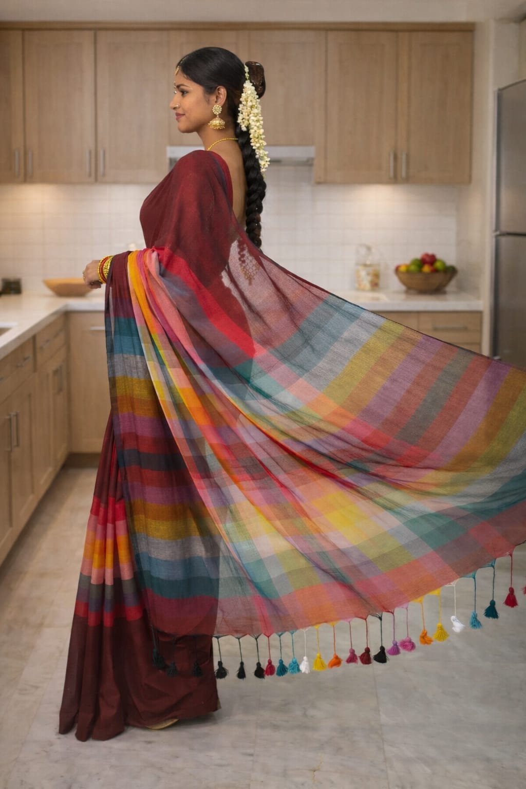 Mulmul Cotton Saree Multicolor ( Pink )