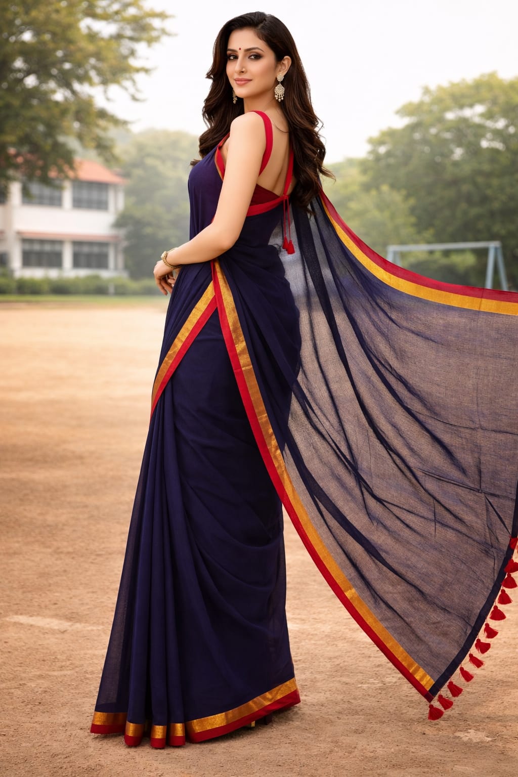 Mulmul Cotton Saree Navy Blue