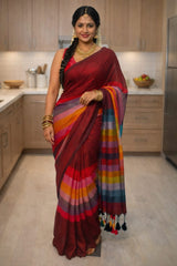 Mulmul Cotton Saree Multicolor ( Pink )