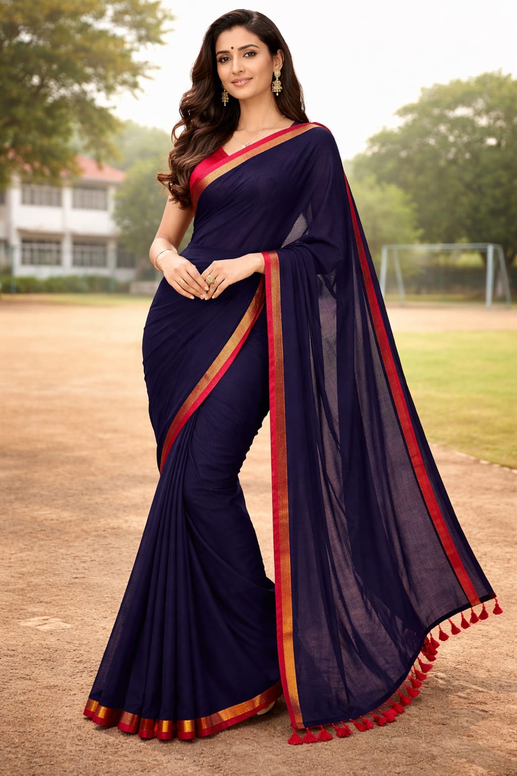 Mulmul Cotton Saree Navy Blue