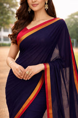 Mulmul Cotton Saree Navy Blue